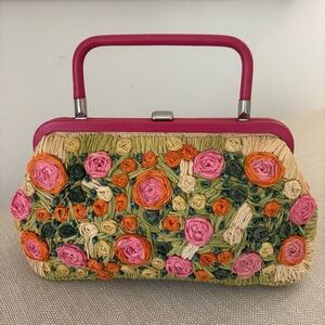 Ann Taylor Roses Raffia Clutch/Purse Vintage 1990’s Pink Orange Green Crossbody